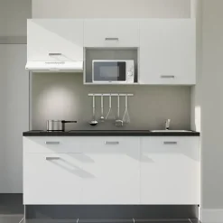 Kitchenette K30 façades Blanc - Plan de travail Noir texturé - Crédences : Non - Evier inox - Electroménager Blanc inclus
