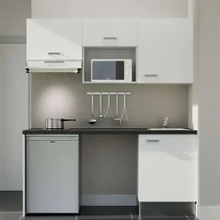 Kitchenette K55 façades Blanc - Plan de travail Noir texturé - Crédences : Non - Evier inox - Electroménager Inox inclus