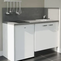 Kitchenette K17 façades Blanc - Plan de travail Gris béton - Crédences : Oui - Evier inox - Electroménager Blanc inclus