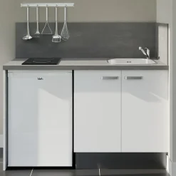 Kitchenette K17 façades Blanc - Plan de travail Gris béton - Crédences : Oui - Evier inox - Electroménager Blanc inclus