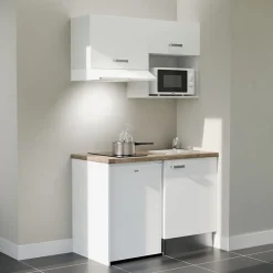 Kitchenette K02 façades Blanc - Plan de travail Bois - Crédences : Non - Evier inox - Electroménager Blanc inclus