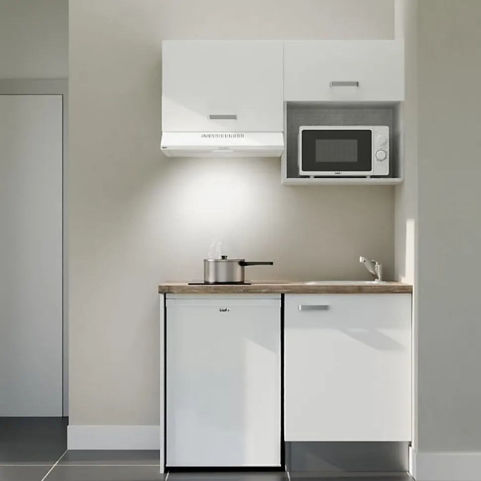 Kitchenette K02 façades Blanc - Plan de travail Bois - Crédences : Non - Evier inox - Electroménager Blanc inclus