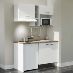 Kitchenette K13 façades Blanc - Plan de travail Bois - Crédences : Non - Evier inox - Electroménager Blanc inclus