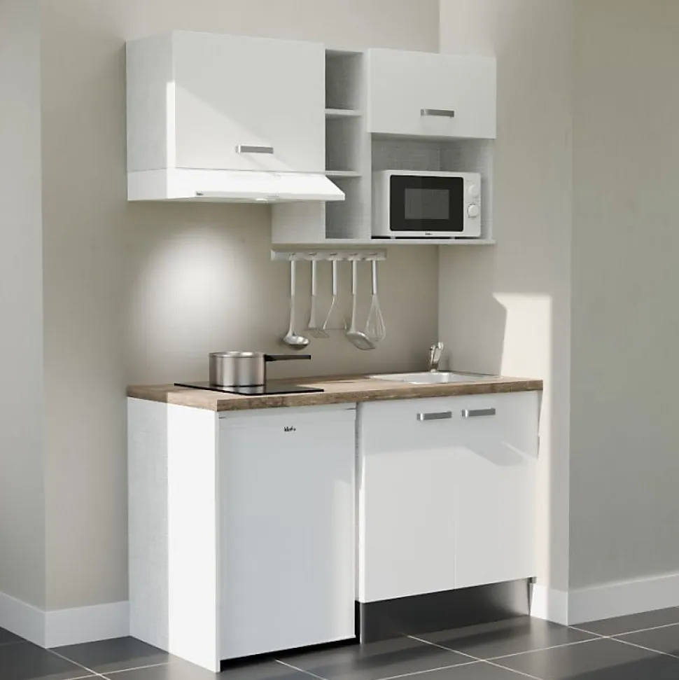 Kitchenette K13 façades Blanc - Plan de travail Bois - Crédences : Non - Evier inox - Electroménager Blanc inclus