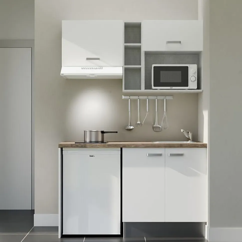 Kitchenette K13 façades Blanc - Plan de travail Bois - Crédences : Non - Evier inox - Electroménager Blanc inclus