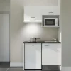 Kitchenette K02 façades Blanc - Plan de travail Noir texturé - Crédences : Non - Evier inox - Electroménager Blanc inclus