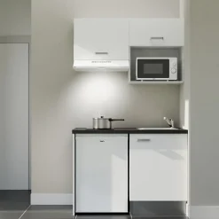 Kitchenette K02 façades Blanc - Plan de travail Noir texturé - Crédences : Non - Evier inox - Electroménager Blanc inclus