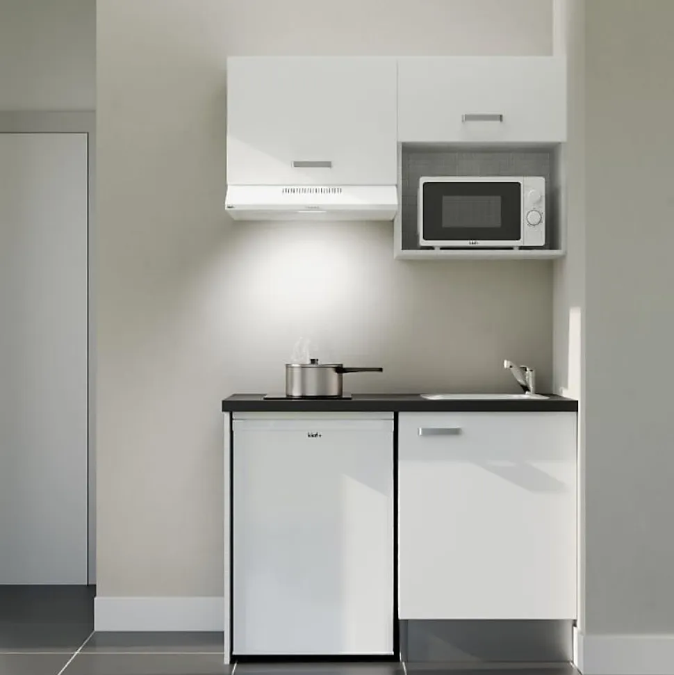 Kitchenette K02 façades Blanc - Plan de travail Noir texturé - Crédences : Non - Evier inox - Electroménager Blanc inclus