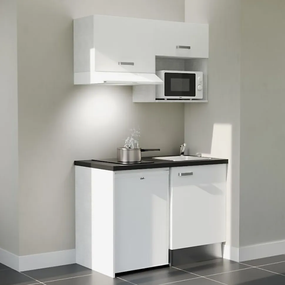 Kitchenette K02 façades Blanc - Plan de travail Noir texturé - Crédences : Non - Evier inox - Electroménager Blanc inclus