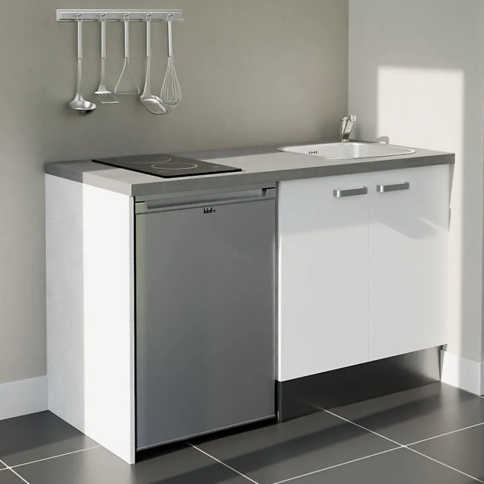 Kitchenette K17 façades Blanc - Plan de travail Gris béton - Crédences : Non - Evier inox - Electroménager Inox inclus