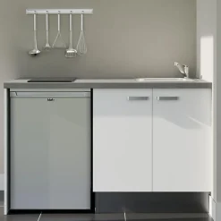 Kitchenette K17 façades Blanc - Plan de travail Gris béton - Crédences : Non - Evier inox - Electroménager Inox inclus