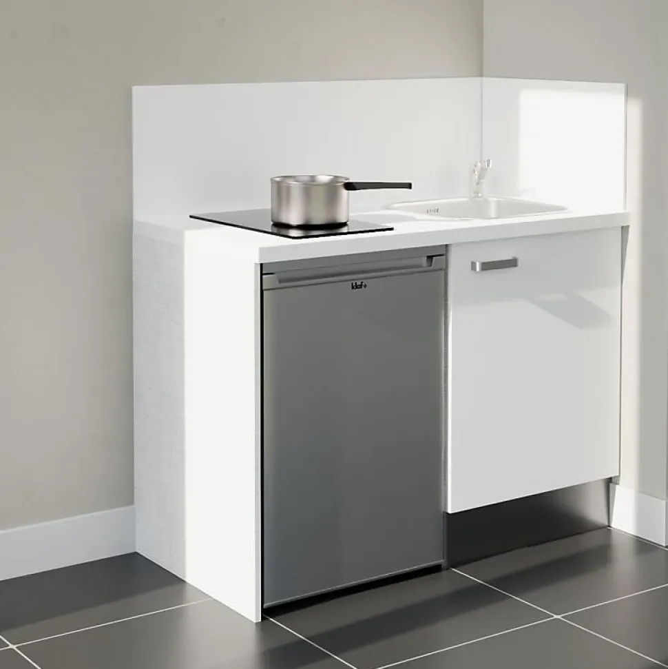 Kitchenette K08 façades Blanc - Plan de travail Blanc - Crédences : Oui - Evier inox - Electroménager Inox inclus