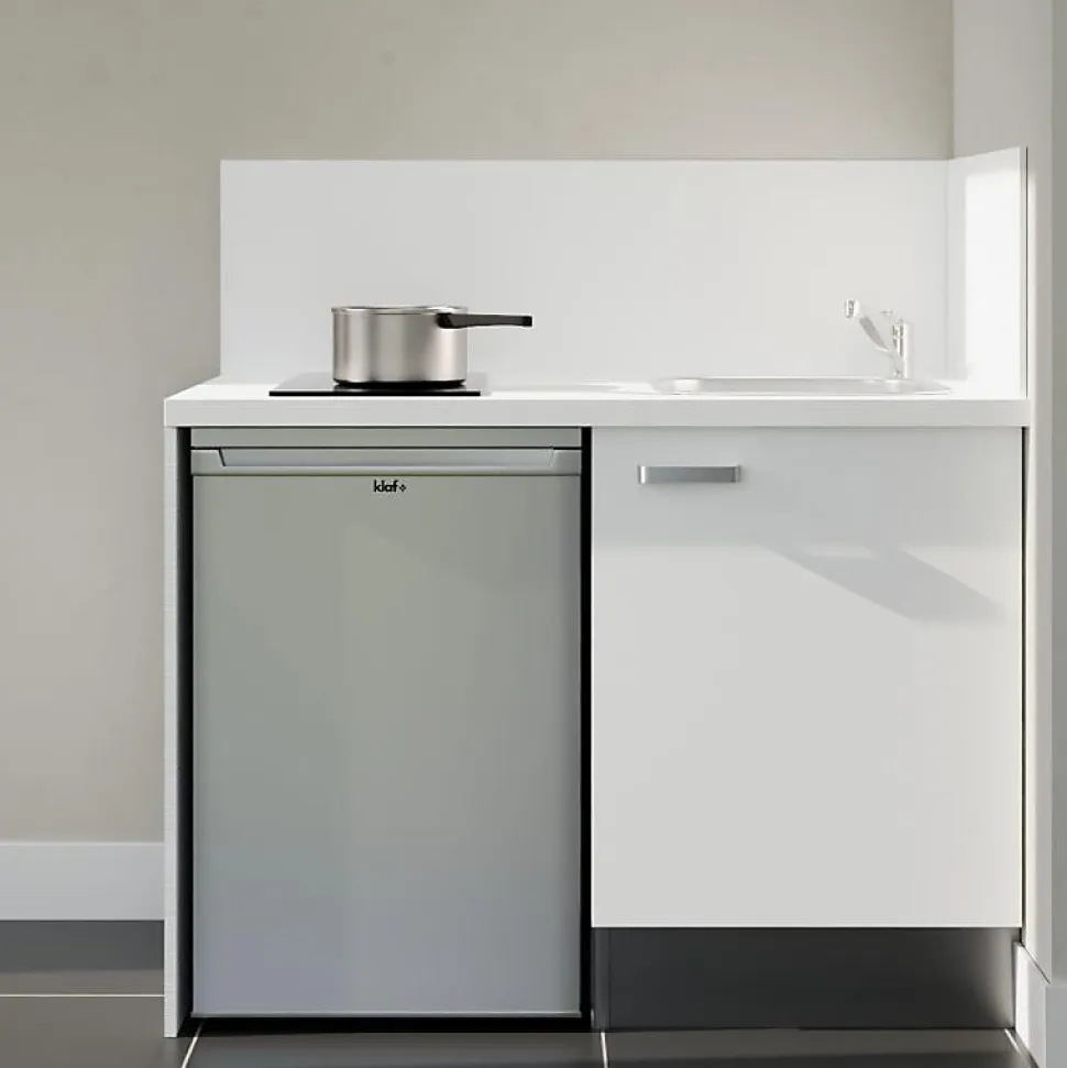 Kitchenette K08 façades Blanc - Plan de travail Blanc - Crédences : Oui - Evier inox - Electroménager Inox inclus