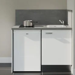 Kitchenette K08 façades Blanc - Plan de travail Gris béton - Crédences : Oui - Evier inox - Electroménager Blanc inclus