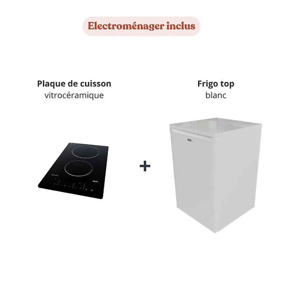 Kitchenette K08 façades Blanc - Plan de travail Gris béton - Crédences : Oui - Evier inox - Electroménager Blanc inclus
