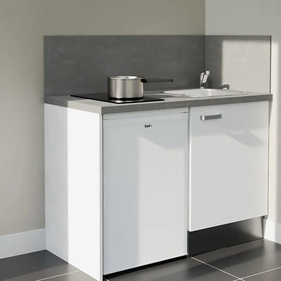 Kitchenette K08 façades Blanc - Plan de travail Gris béton - Crédences : Oui - Evier inox - Electroménager Blanc inclus