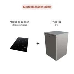 Kitchenette K17 façades Blanc - Plan de travail Bois - Crédences : Non - Evier inox - Electroménager Inox inclus