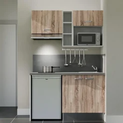 Kitchenette K13 façades Bois - Plan de travail Gris béton - Crédences : Oui - Evier inox - Electroménager Inox inclus