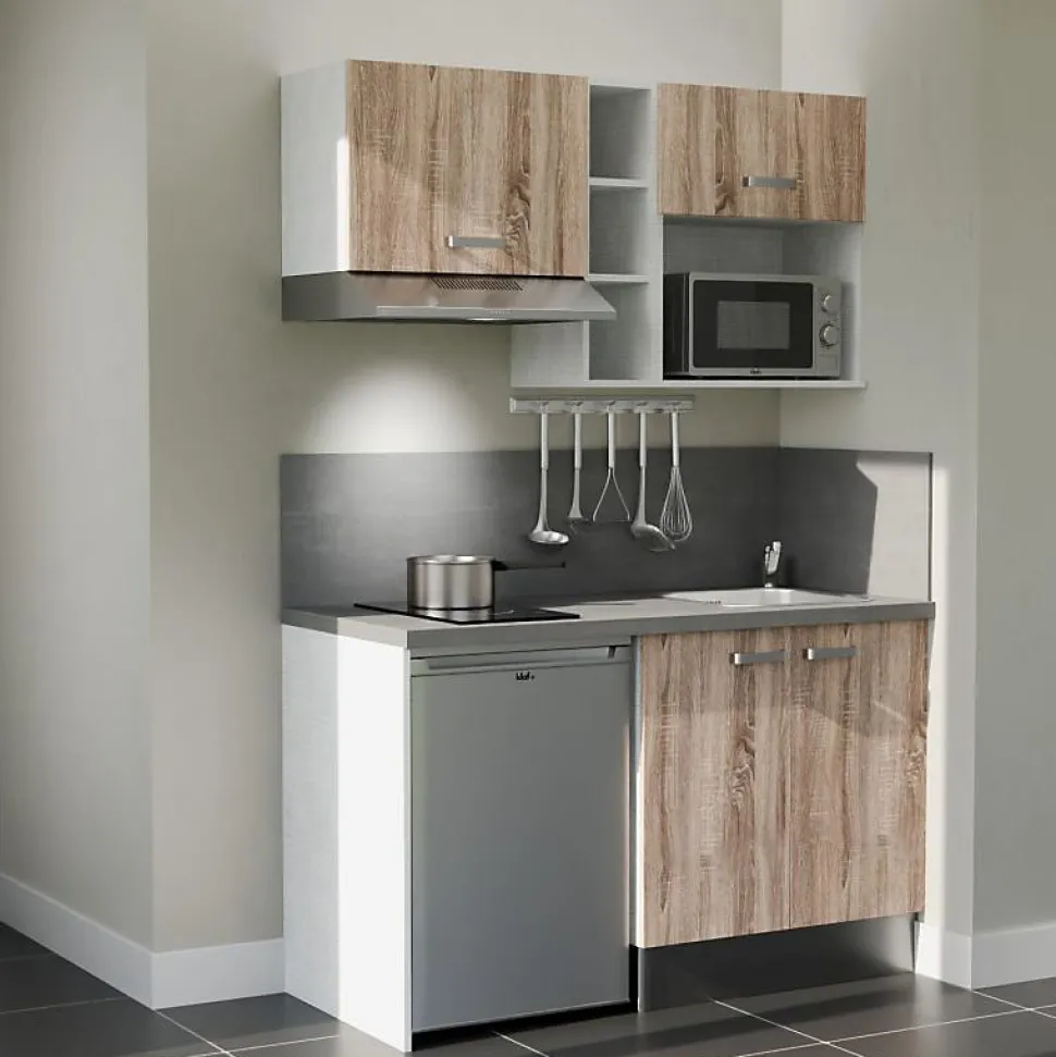 Kitchenette K13 façades Bois - Plan de travail Gris béton - Crédences : Oui - Evier inox - Electroménager Inox inclus