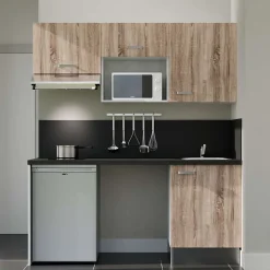 Kitchenette K55 façades Bois - Plan de travail Noir texturé - Crédences : Oui - Evier inox - Electroménager Inox inclus