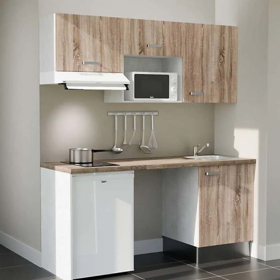 Kitchenette K55 façades Bois - Plan de travail Bois - Crédences : Non - Evier inox - Electroménager Blanc inclus