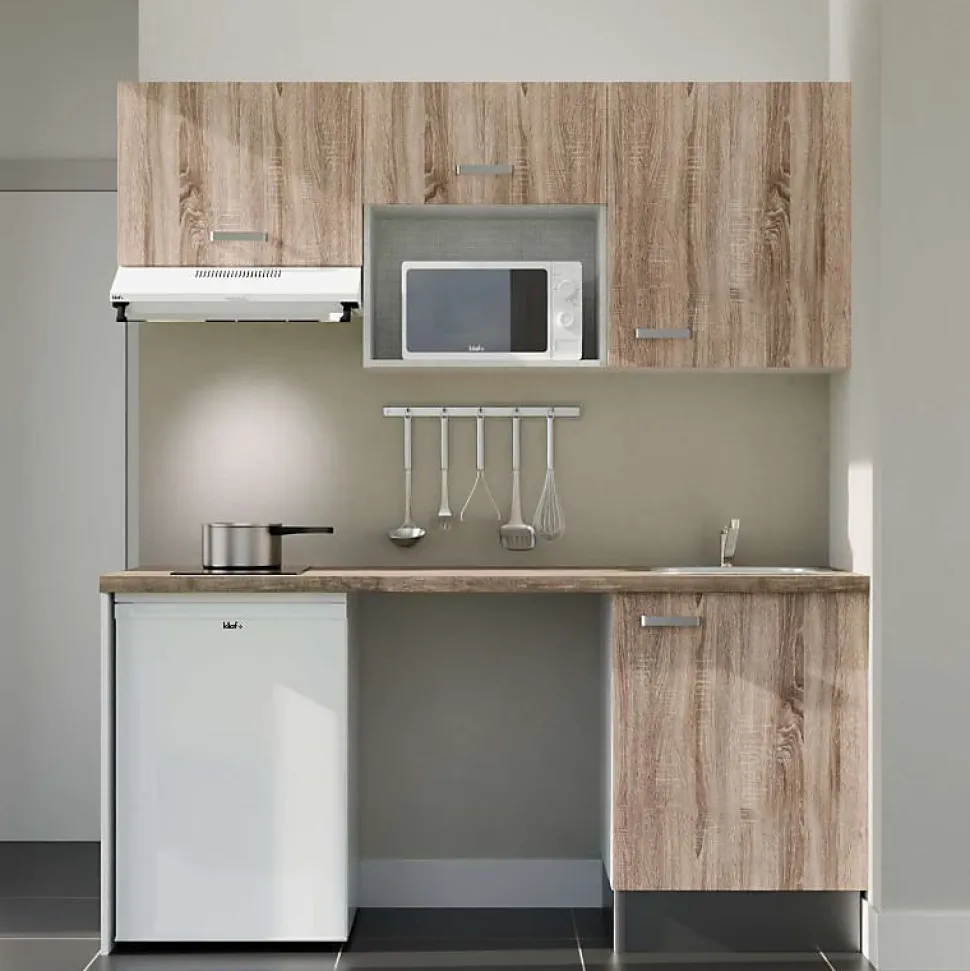 Kitchenette K55 façades Bois - Plan de travail Bois - Crédences : Non - Evier inox - Electroménager Blanc inclus