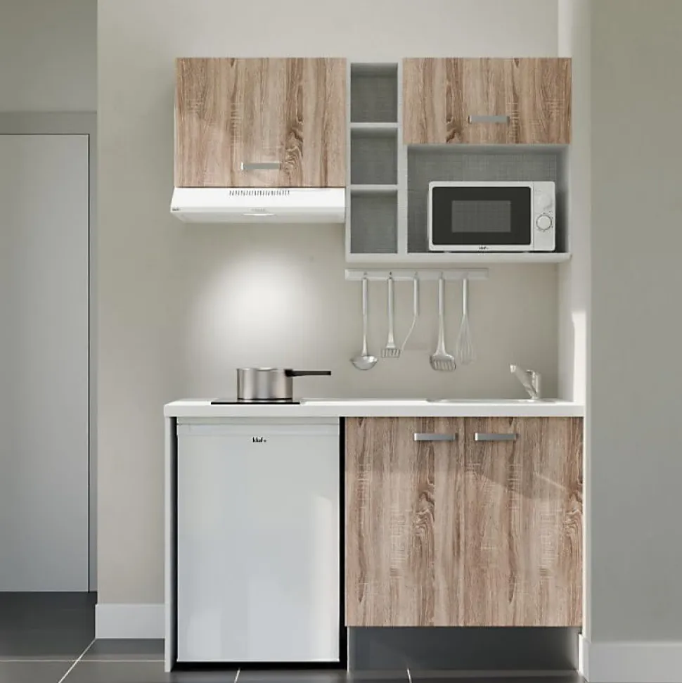 Kitchenette K13 façades Bois - Plan de travail Blanc - Crédences : Non - Evier inox - Electroménager Blanc inclus