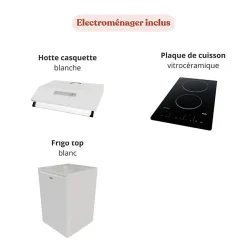 Kitchenette K01 façades Bois - Plan de travail Blanc - Crédences : Oui - Evier inox - Electroménager Blanc inclus