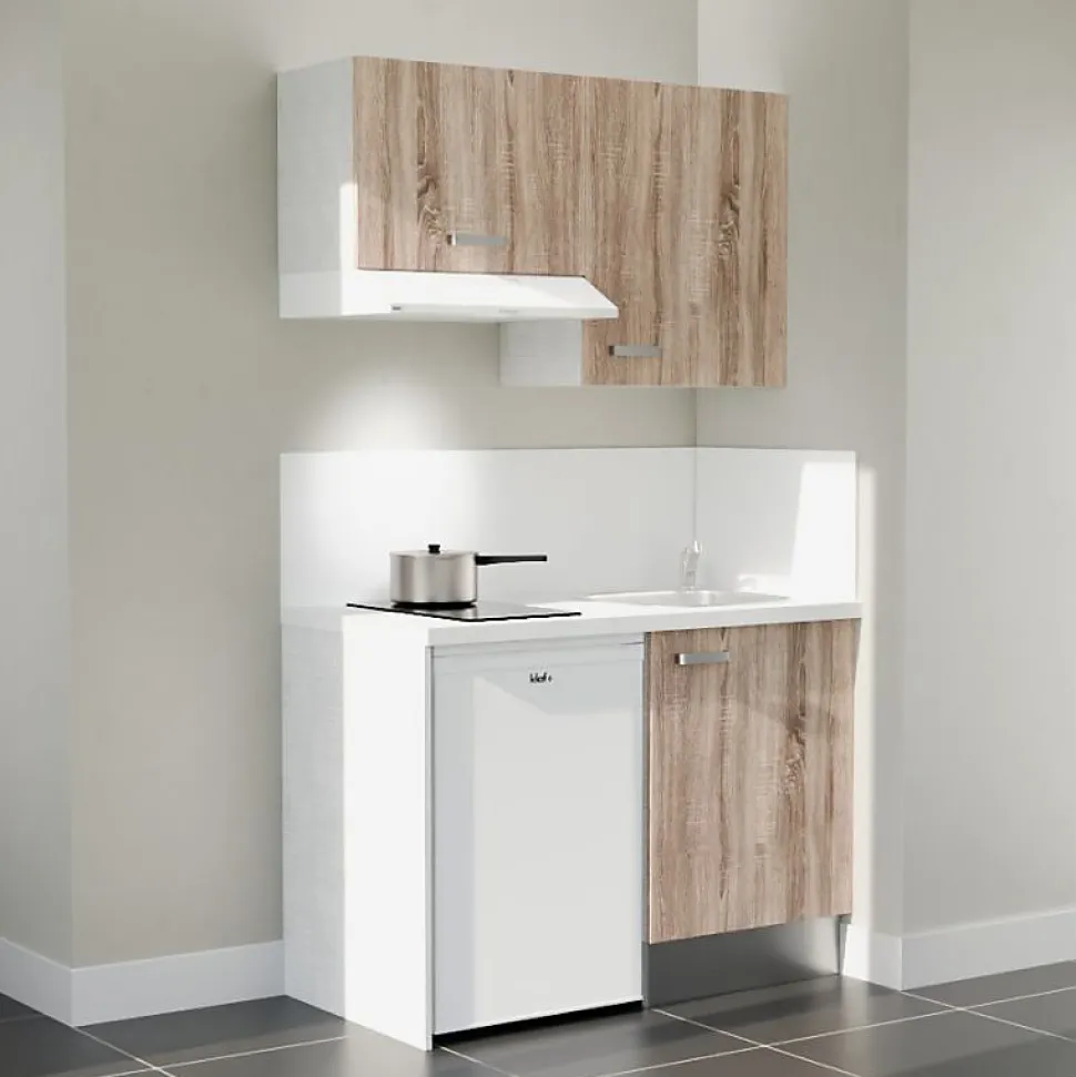 Kitchenette K01 façades Bois - Plan de travail Blanc - Crédences : Oui - Evier inox - Electroménager Blanc inclus