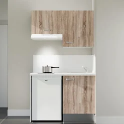 Kitchenette K01 façades Bois - Plan de travail Blanc - Crédences : Oui - Evier inox - Electroménager Blanc inclus