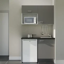 Kitchenette K07 façades Gris - Plan de travail Noir texturé - Crédences : Non - Evier inox - Electroménager Blanc inclus