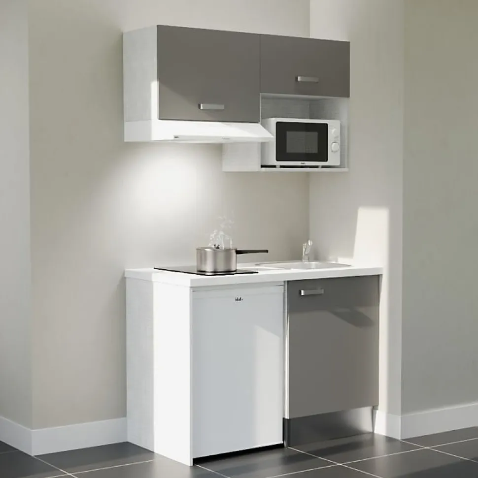 Kitchenette K02 façades Gris - Plan de travail Blanc - Crédences : Non - Evier inox - Electroménager Blanc inclus