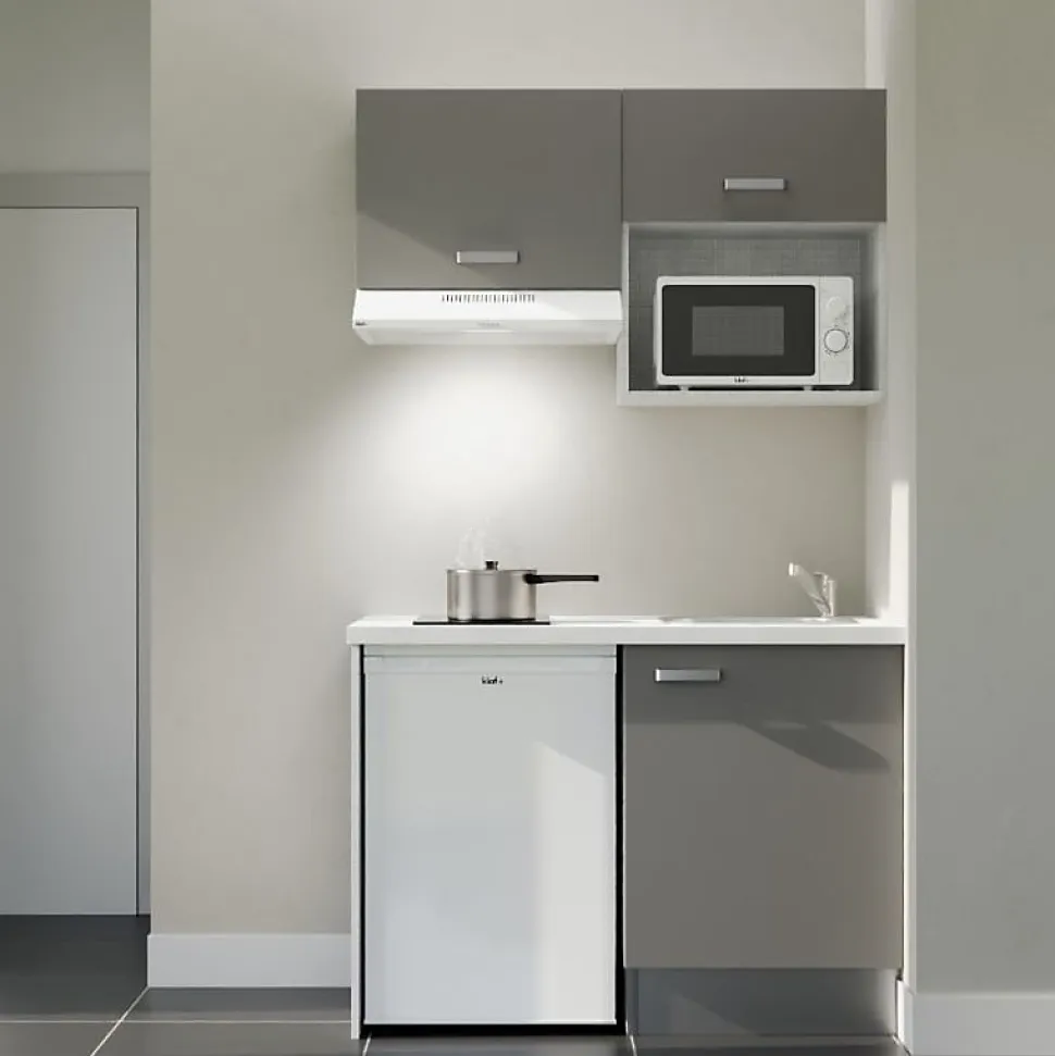 Kitchenette K02 façades Gris - Plan de travail Blanc - Crédences : Non - Evier inox - Electroménager Blanc inclus