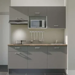 Kitchenette K30 façades Gris - Plan de travail Bois - Crédences : Non - Evier inox - Electroménager Inox inclus