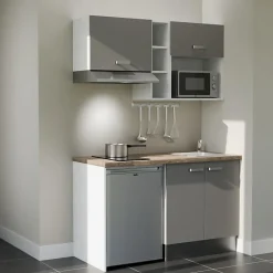 Kitchenette K13 façades Gris - Plan de travail Bois - Crédences : Non - Evier inox - Electroménager Inox inclus