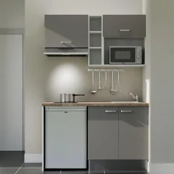 Kitchenette K13 façades Gris - Plan de travail Bois - Crédences : Non - Evier inox - Electroménager Inox inclus