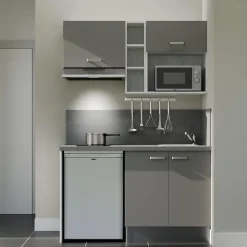 Kitchenette K13 façades Gris - Plan de travail Gris béton - Crédences : Oui - Evier inox - Electroménager Inox inclus