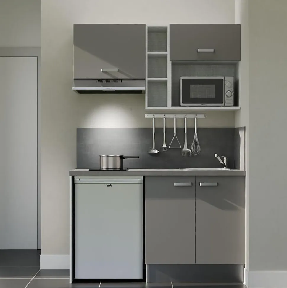 Kitchenette K13 façades Gris - Plan de travail Gris béton - Crédences : Oui - Evier inox - Electroménager Inox inclus