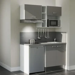 Kitchenette K13 façades Gris - Plan de travail Gris béton - Crédences : Oui - Evier inox - Electroménager Inox inclus