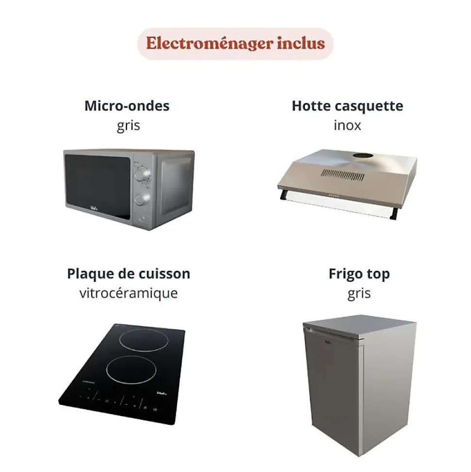 Kitchenette K13 façades Gris - Plan de travail Gris béton - Crédences : Oui - Evier inox - Electroménager Inox inclus