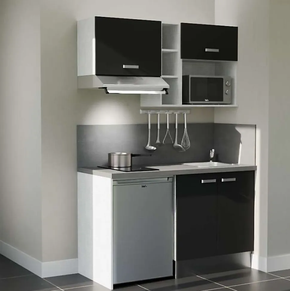 Kitchenette K13 façades Noir - Plan de travail Gris béton - Crédences : Oui - Evier inox - Electroménager Inox inclus