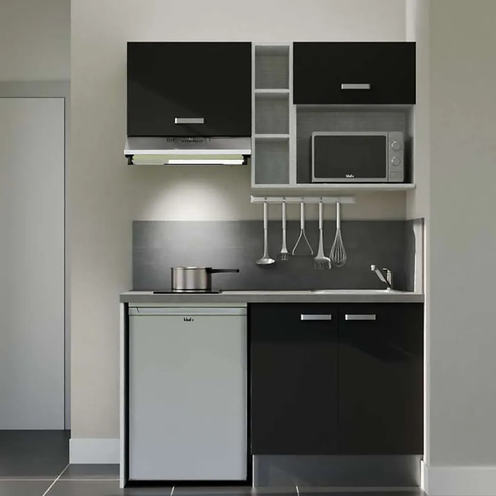 Kitchenette K13 façades Noir - Plan de travail Gris béton - Crédences : Oui - Evier inox - Electroménager Inox inclus