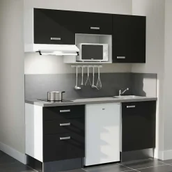 Kitchenette K20 façades Noir - Plan de travail Gris béton - Crédences : Oui - Evier inox - Electroménager Blanc inclus