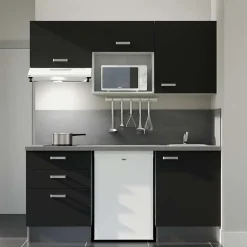 Kitchenette K20 façades Noir - Plan de travail Gris béton - Crédences : Oui - Evier inox - Electroménager Blanc inclus