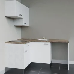 Kitchenette KA02 - 128 cm - Façades : Blanc - Plan de travail : Bois - Crédences : Non - Evier
