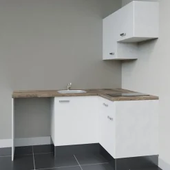 Kitchenette KA02 - 128 cm - Façades : Blanc - Plan de travail : Bois - Crédences : Non - Evier