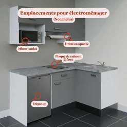 Kitchenette KA03 - 128 cm - Façades : Gris - Plan de travail : Gris béton - Crédences : Non - Evier