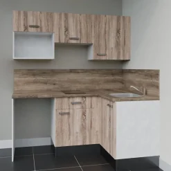 Kitchenette KA03 - 128 cm - Façades : Bois - Plan de travail : Bois - Crédences : Oui - Evier