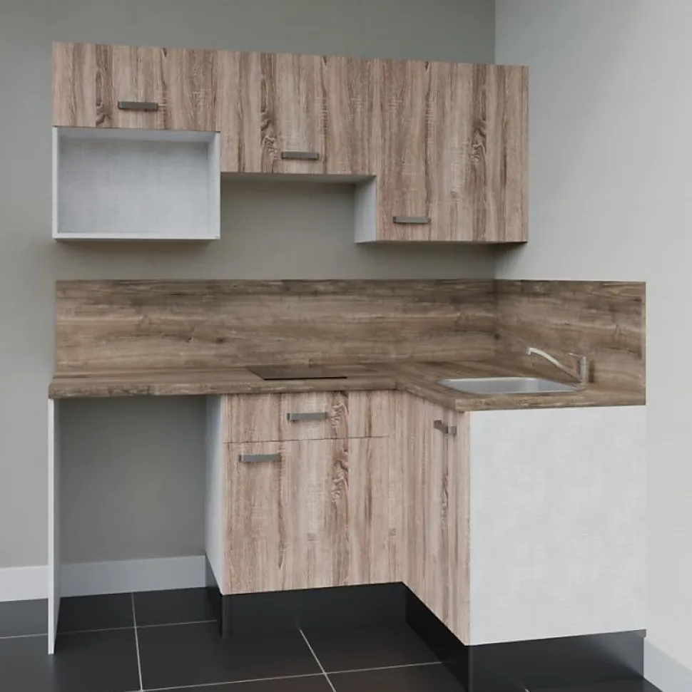Kitchenette KA03 - 128 cm - Façades : Bois - Plan de travail : Bois - Crédences : Oui - Evier