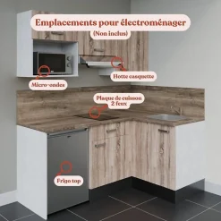 Kitchenette KA03 - 128 cm - Façades : Bois - Plan de travail : Bois - Crédences : Oui - Evier